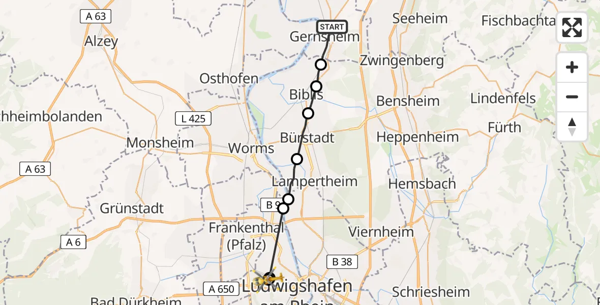 Flugroute Rettungshubschrauber Gernsheim - Ludwigshafen Accident Hospital, 17 Juni 2026, 16:50