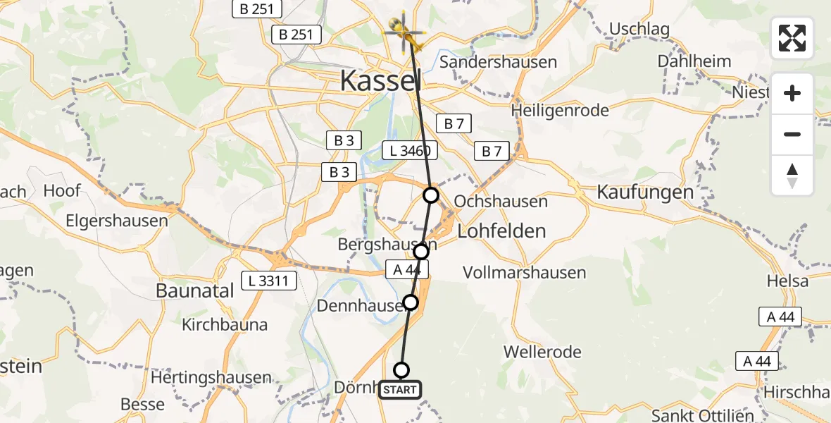 Flugroute Rettungshubschrauber Fuldabrück - Kassel, 17 Juni 2026, 16:54