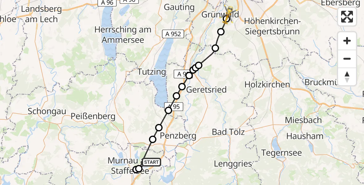 Flugroute Rettungshubschrauber Großweil - Grünwalder Forst, 17 Juni 2026, 16:55