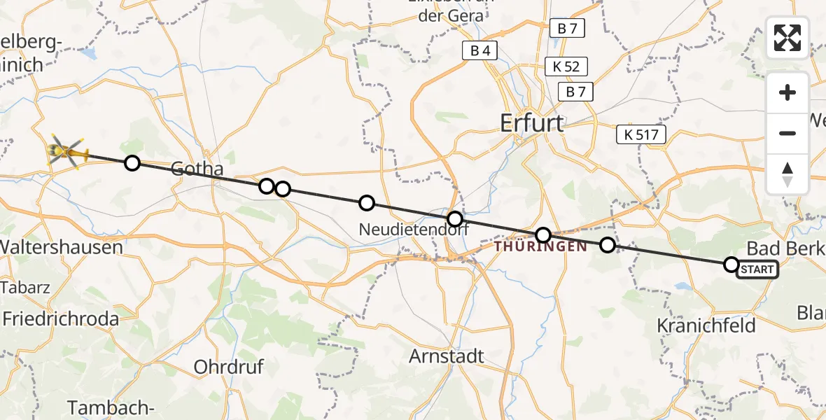Flugroute Ambulanzhubschrauber Bad Berka - Hörsel, 17 Juni 2026, 16:55