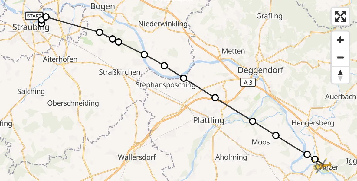 Flugroute Rettungshubschrauber Straubing - Winzer, 17 Juni 2026, 16:55