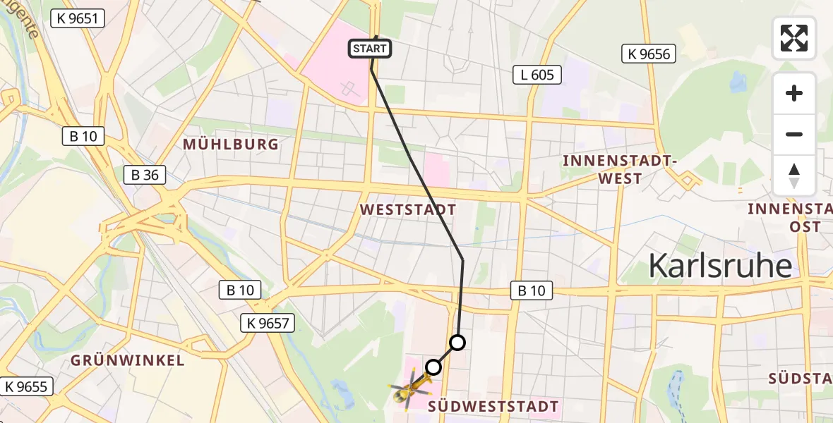 Flugroute Rettungshubschrauber Karlsruhe - Sankt Vincentius Hospital, 17 Juni 2026, 16:58