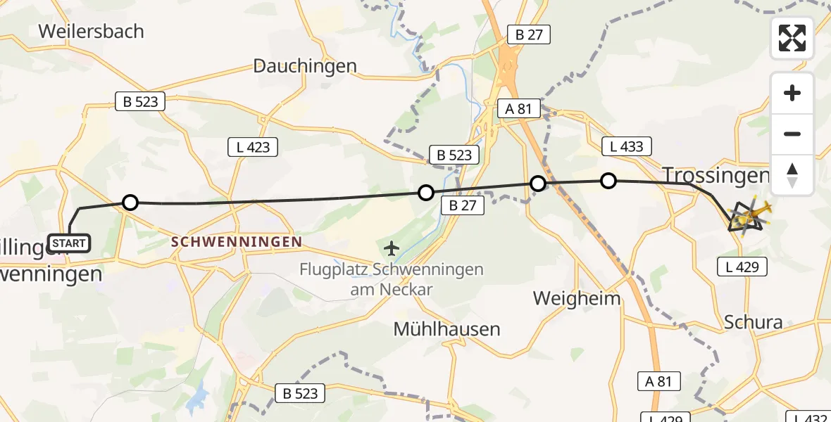 Flugroute Ambulanzhubschrauber DRF Air Rescue Station Villingen-Schwenningen Hubschrauberlandeplatz (Christoph 11) - Trossingen, 17 Juni 2026, 16:59