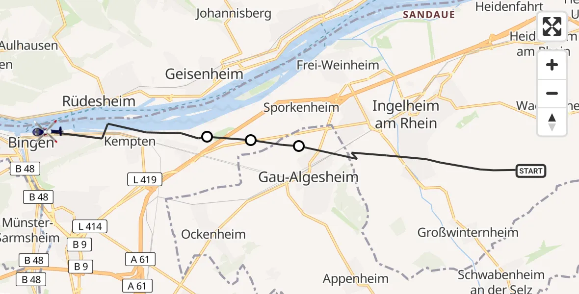 Flugroute Polizeihubschrauber Ingelheim am Rhein - Bingen am Rhein, 17 Juni 2026, 16:59