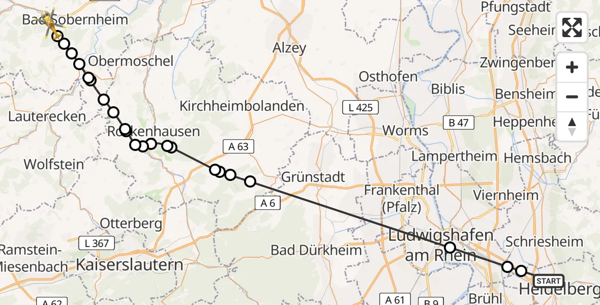 Flugroute Rettungshubschrauber Heidelberg - Meddersheim, 17 Juni 2026, 17:01