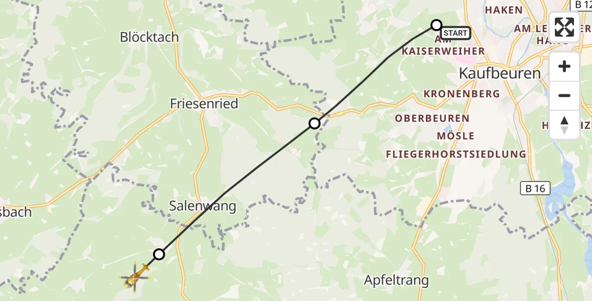 Flugroute Rettungshubschrauber Ostallgäu-Kaufbeuren Hospital - Aitrang, 17 Juni 2026, 17:06