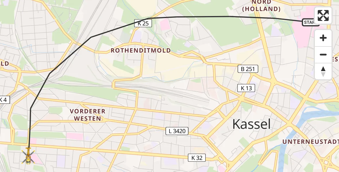 Flugroute Rettungshubschrauber Kassel - Kassel, 17 Juni 2026, 17:24