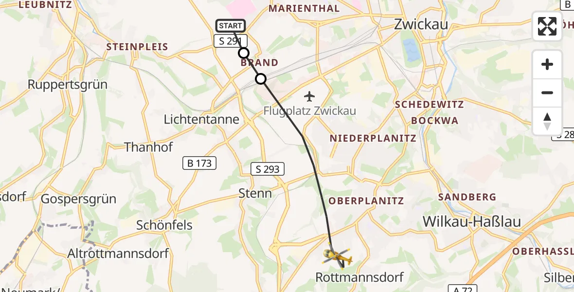 Flugroute Rettungshubschrauber ADAC Air Rescue Station Zwickau Hubschrauberlandeplatz - Zwickau, 17 Juni 2026, 17:27