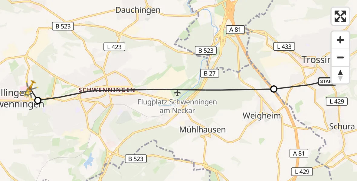 Flugroute Ambulanzhubschrauber Trossingen - DRF Air Rescue Station Villingen-Schwenningen Hubschrauberlandeplatz (Christoph 11), 17 Juni 2026, 17:28