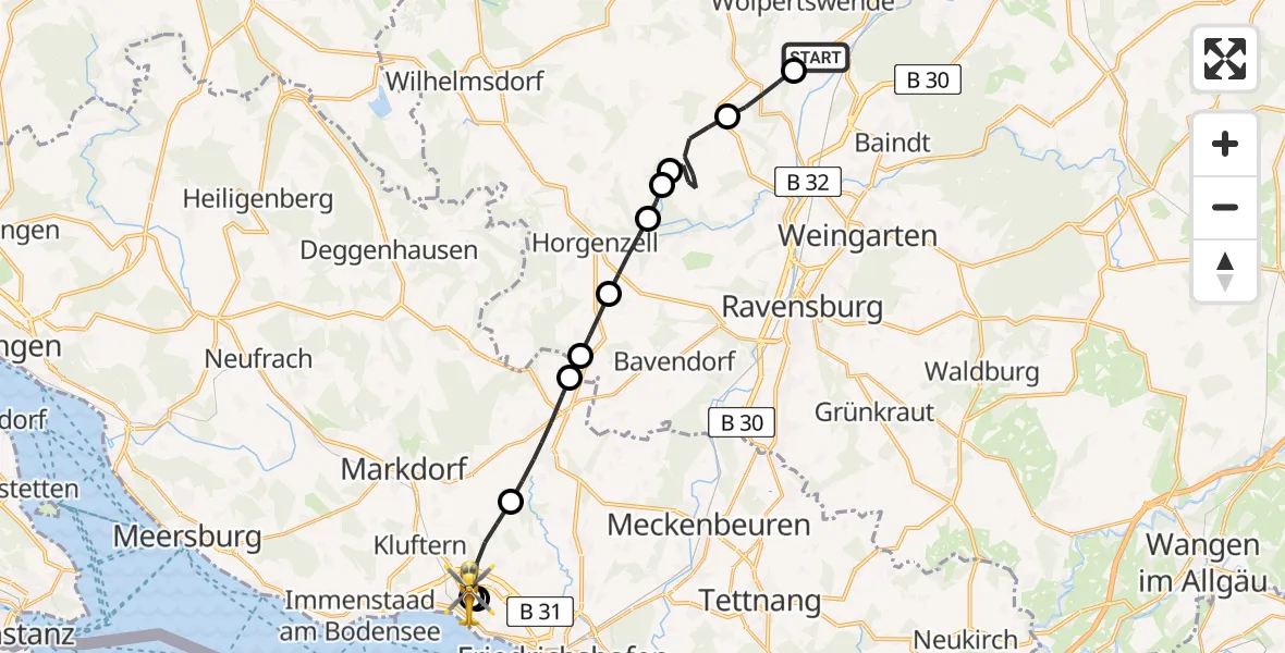 Flugroute Rettungshubschrauber Wolpertswende - Friedrichshafen Hospital, 17 Juni 2026, 17:46