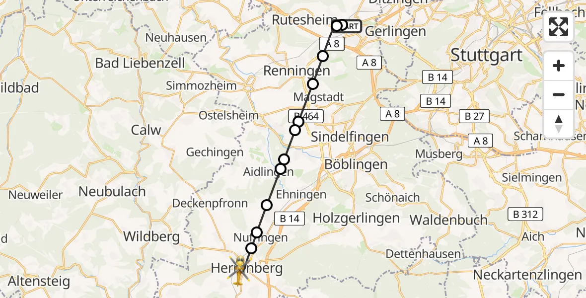 Flugroute Rettungshubschrauber Leonberg Hospital - Herrenberg, 17 Juni 2026, 17:52