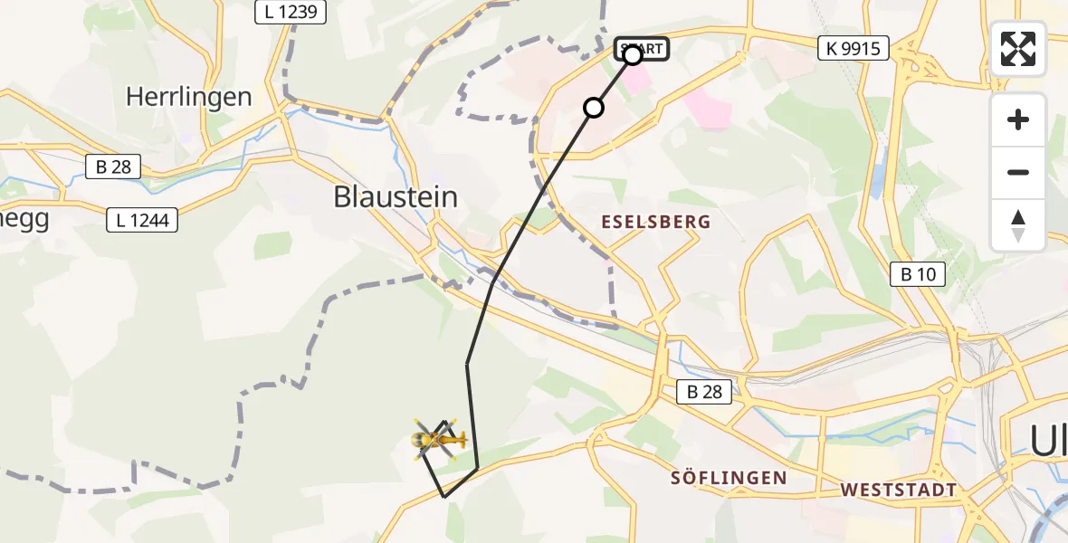 Flugroute Rettungshubschrauber Ulm Military Hospital Emergency - Ulm, 17 Juni 2026, 17:52