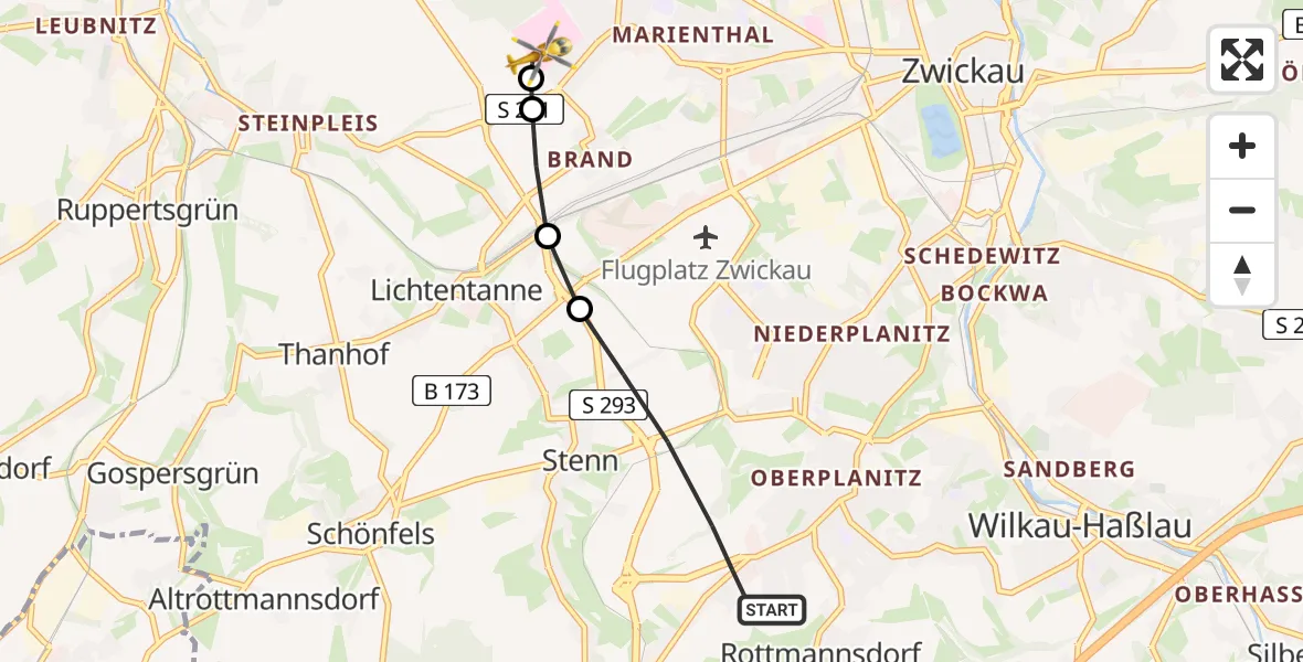 Flugroute Rettungshubschrauber Zwickau - ADAC Air Rescue Station Zwickau Hubschrauberlandeplatz, 17 Juni 2026, 17:54