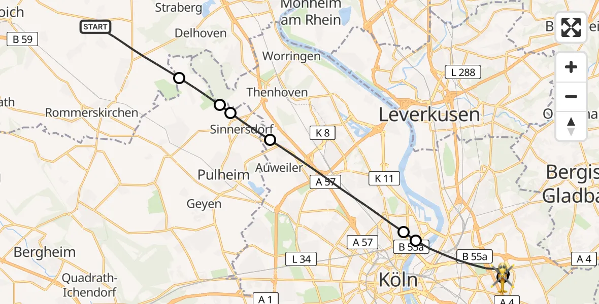 Flugroute Rettungshubschrauber Rommerskirchen - Merheim Hospital, 17 Juni 2026, 17:58