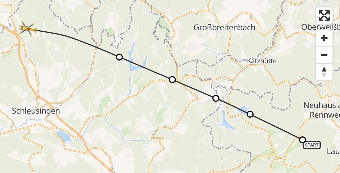 Flugroute Rettungshubschrauber Lauscha - Schleusingen, 17 Juni 2026, 17:59