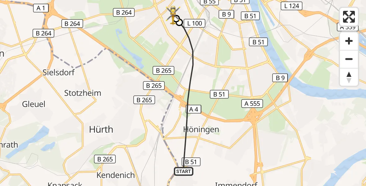 Flugroute Rettungshubschrauber Köln - Köln University Hospital, 17 Juni 2026, 18:02