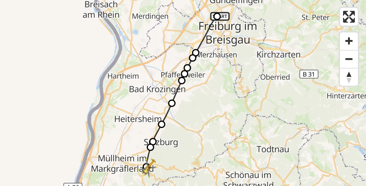 Flugroute Ambulanzhubschrauber Freiburg im Breisgau Flugplatz - Badenweiler, 17 Juni 2026, 18:10