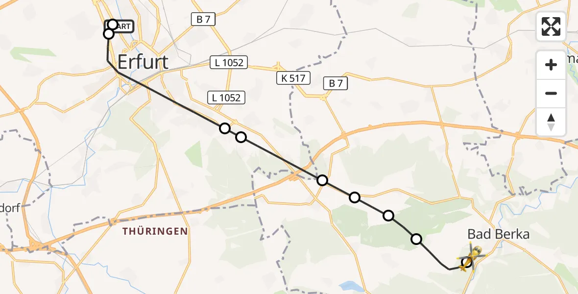 Flugroute Ambulanzhubschrauber Helios Clinic Erfurt - DRF Rettungsstation Bad Berka Hubschrauberlandeplatz, 17 Juni 2026, 18:13