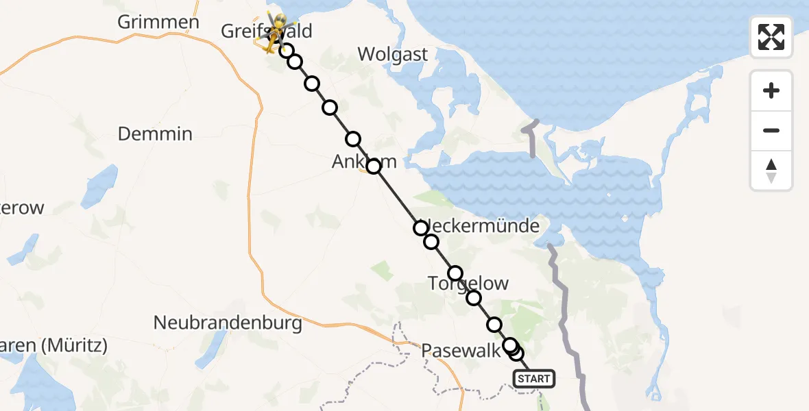 Flugroute Rettungshubschrauber Löcknitz - Greifswald Hospital, 17 Juni 2026, 18:15