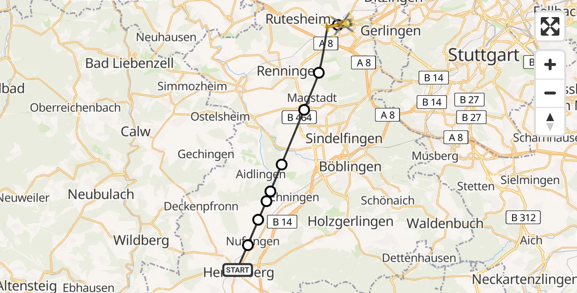 Flugroute Rettungshubschrauber Herrenberg - Leonberg Hospital, 17 Juni 2026, 18:18