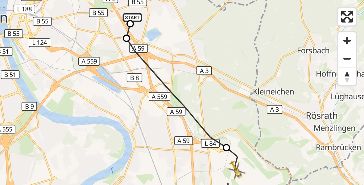 Flugroute Rettungshubschrauber Merheim Hospital - Köln Bonn Flughafen, 17 Juni 2026, 18:43