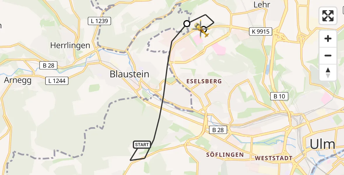 Flugroute Rettungshubschrauber Ulm - Ulm Military Hospital Emergency, 17 Juni 2026, 18:46