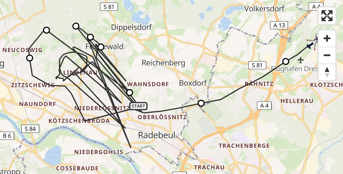 Flugroute Polizeihubschrauber Radebeul - Dresden Flughafen, 17 Juni 2026, 18:48