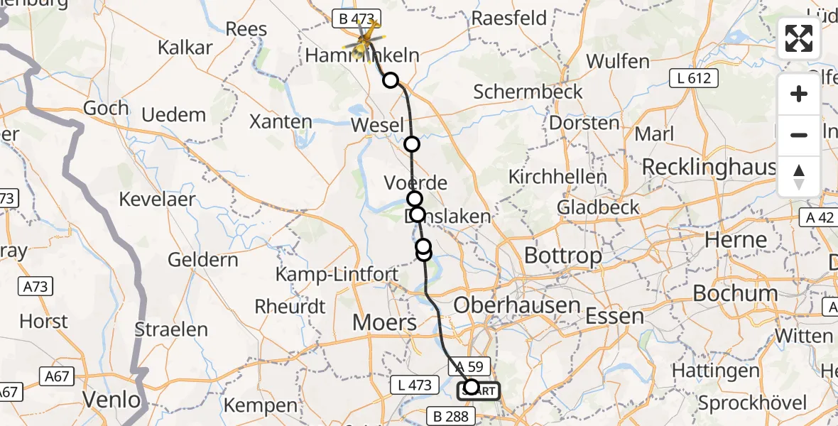 Flugroute Rettungshubschrauber Duisburg Air Rescue Hubschrauberlandeplatz (Christoph 9) - Hamminkeln, 17 Juni 2026, 18:56