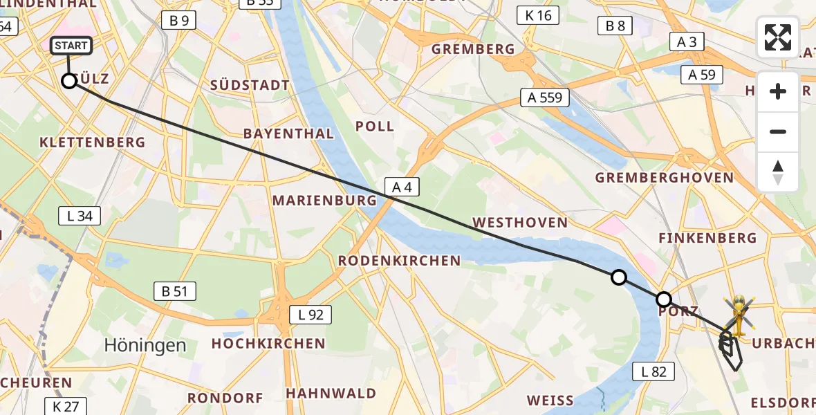 Flugroute Rettungshubschrauber Köln University Hospital - Köln, 17 Juni 2026, 18:57