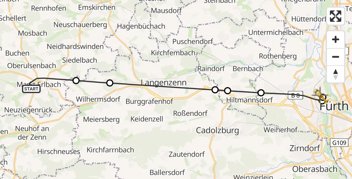 Flugroute Rettungshubschrauber Markt Erlbach - Fürth Hospital, 17 Juni 2026, 19:02