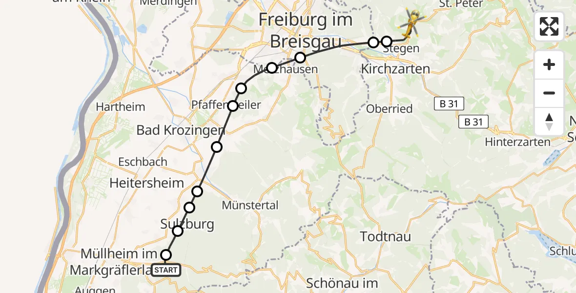 Flugroute Ambulanzhubschrauber Badenweiler - Stegen, 17 Juni 2026, 19:08