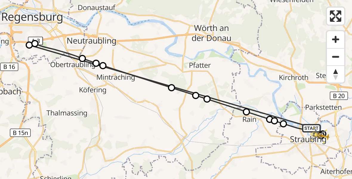 Flugroute Rettungshubschrauber Straubing - Sankt Elisabeth Hospital Straubing, 17 Juni 2026, 19:17