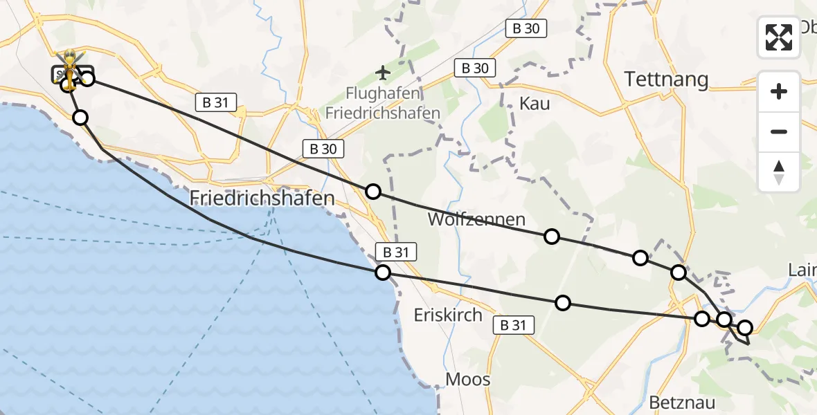 Flugroute Rettungshubschrauber Friedrichshafen Hospital - Friedrichshafen Hospital, 17 Juni 2026, 19:18