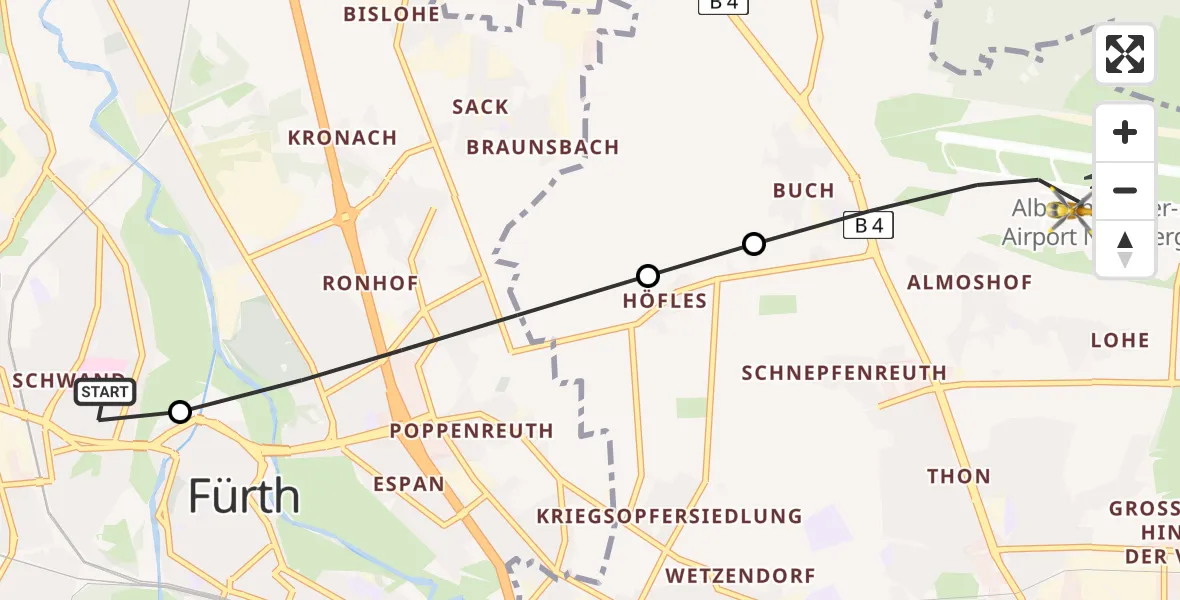 Flugroute Rettungshubschrauber Fürth Hospital - Flughafen Nuremberg, 17 Juni 2026, 19:22