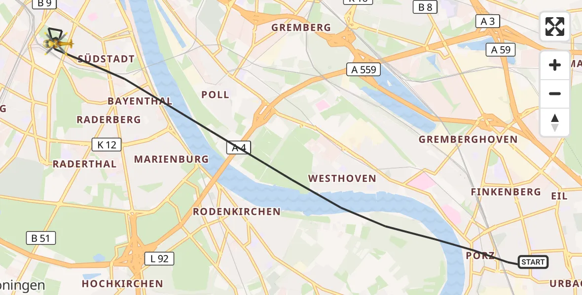 Flugroute Rettungshubschrauber Köln - Köln, 17 Juni 2026, 19:25
