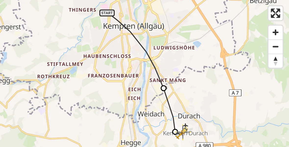 Flugroute Rettungshubschrauber Kempten (Allgäu) - Kempten-Durach Flugplatz, 17 Juni 2026, 19:28