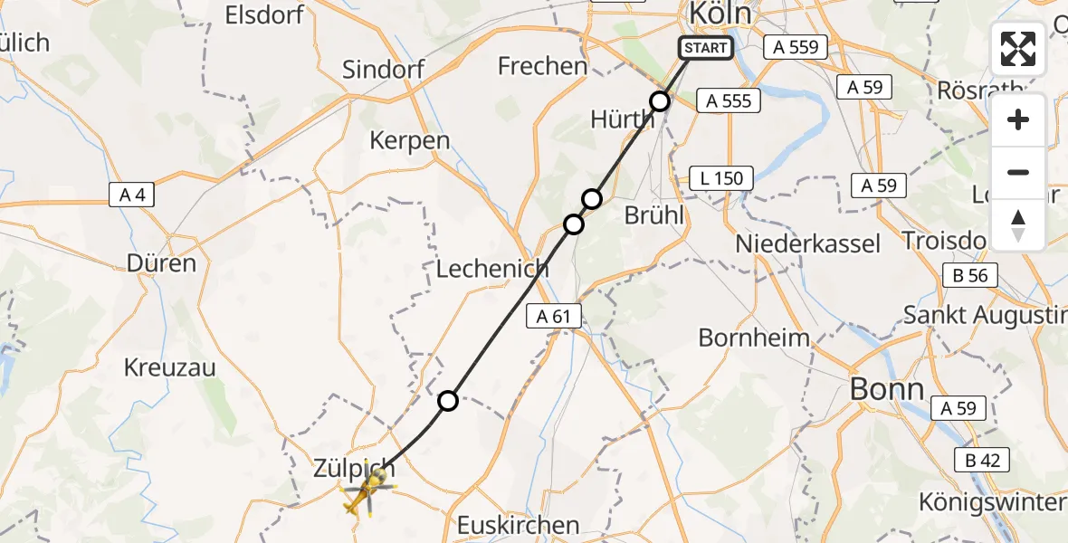 Flugroute Rettungshubschrauber Köln - Zülpich, 17 Juni 2026, 19:39