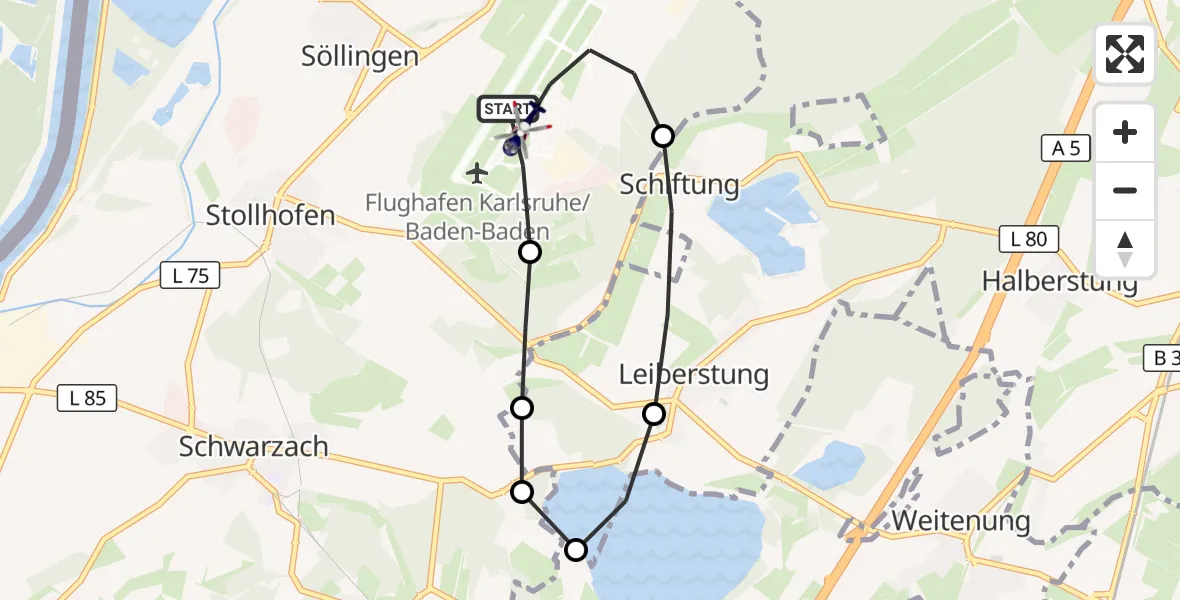 Flugroute Polizeihubschrauber Karlsruhe Baden-Baden Flughafen - Karlsruhe Baden-Baden Flughafen, 17 Juni 2026, 19:46