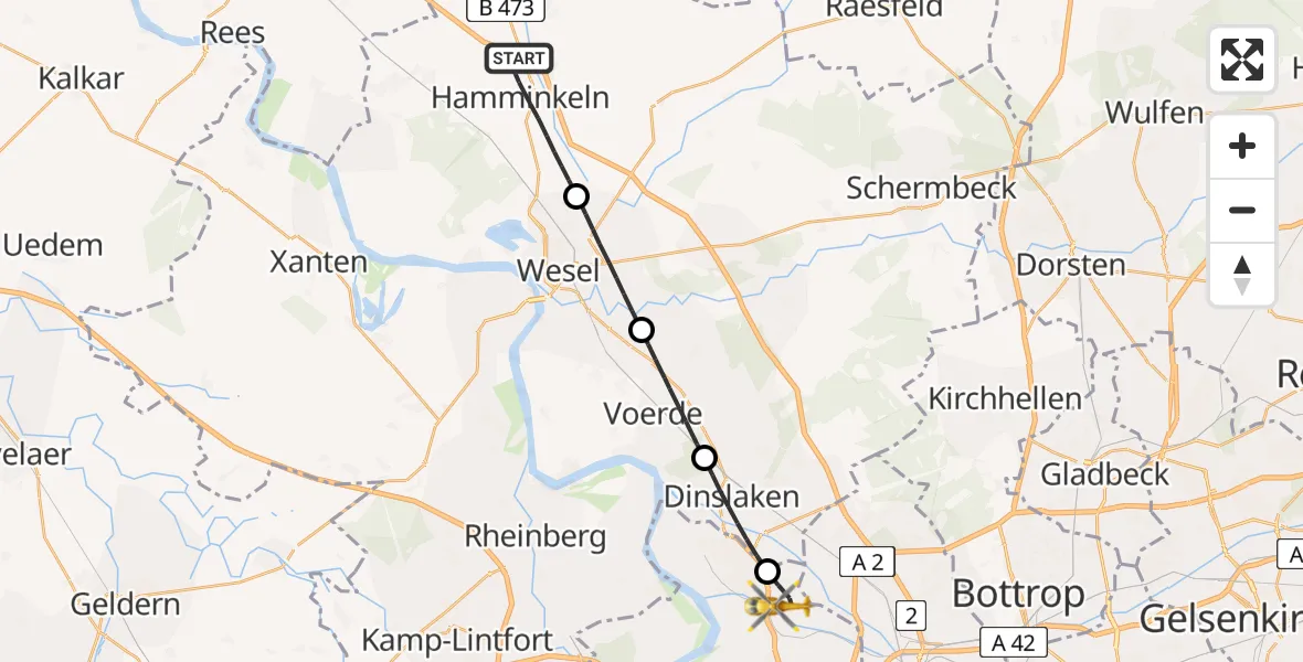 Flugroute Rettungshubschrauber Hamminkeln - Duisburg, 17 Juni 2026, 19:47
