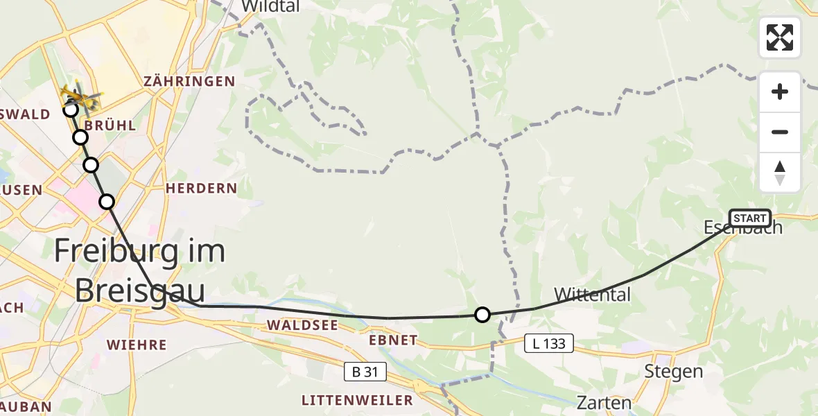 Flugroute Ambulanzhubschrauber Stegen - Freiburg im Breisgau Flugplatz, 17 Juni 2026, 20:07