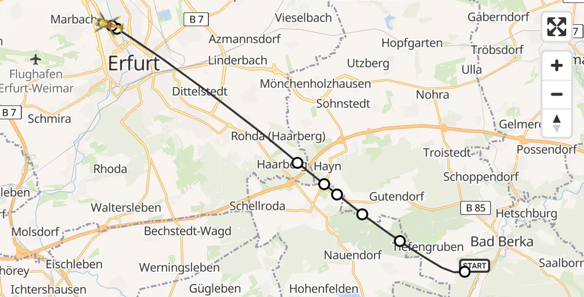 Flugroute Ambulanzhubschrauber Bad Berka Central Hospital - Helios Clinic Erfurt, 17 Juni 2026, 21:20