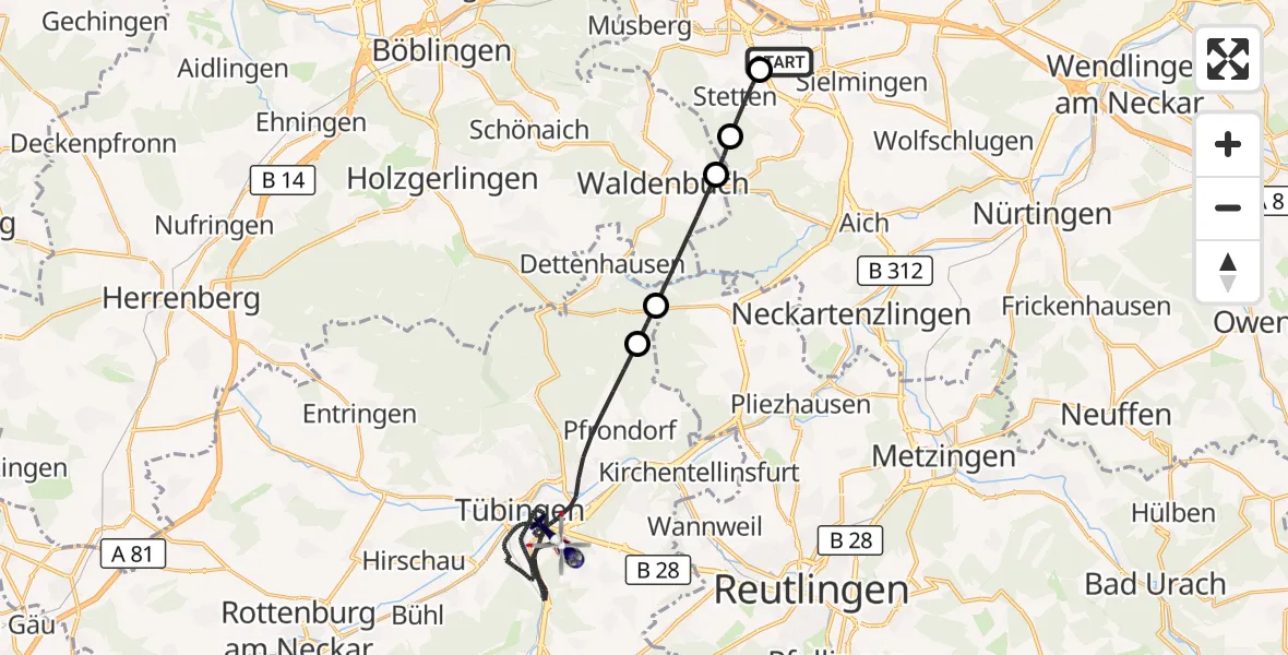 Flugroute Polizeihubschrauber Flughafen Stuttgart - Tübingen, 17 Juni 2026, 21:36