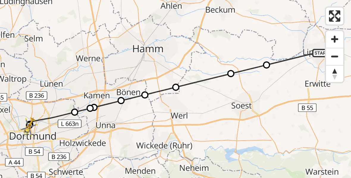 Flugroute Ambulanzhubschrauber Lippstadt - Dortmund Hospital North, 17 Juni 2026, 22:09