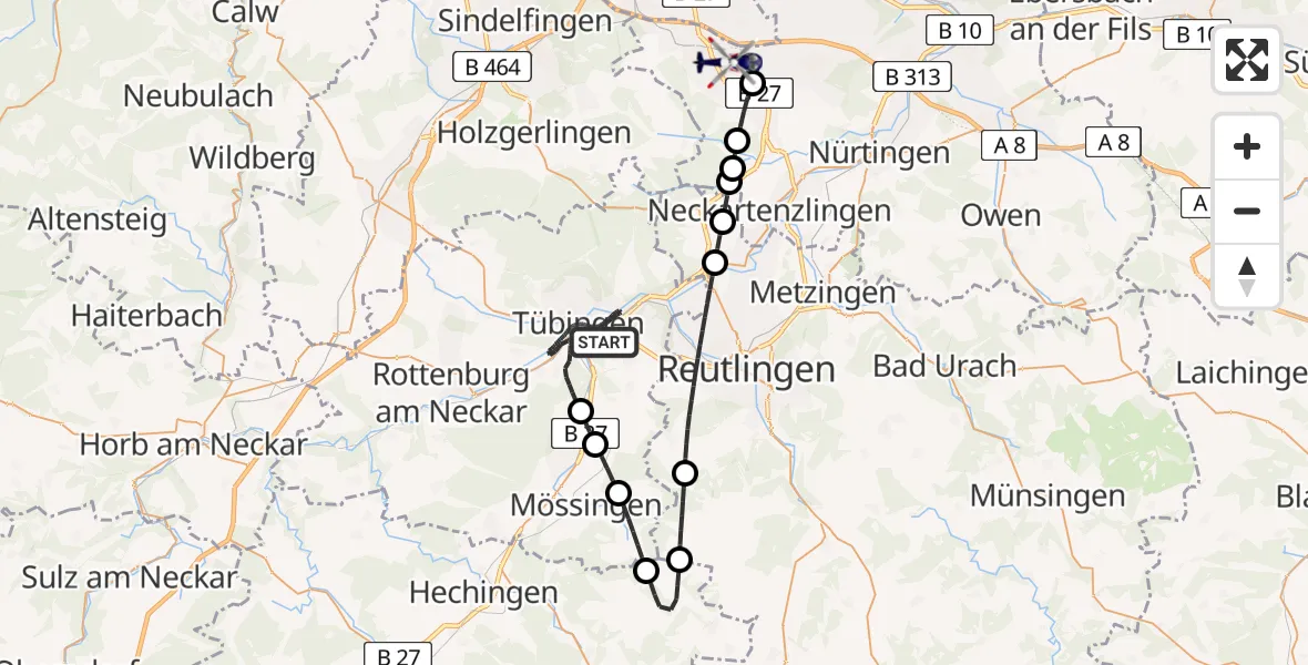 Flugroute Polizeihubschrauber Tübingen - Flughafen Stuttgart, 17 Juni 2026, 22:32