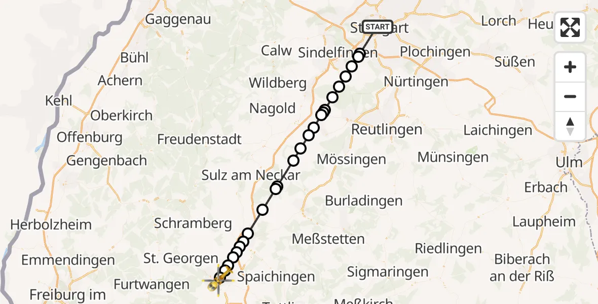 Flugroute Ambulanzhubschrauber Stuttgart - DRF Air Rescue Station Villingen-Schwenningen Hubschrauberlandeplatz (Christoph 11), 17 Juni 2026, 22:32
