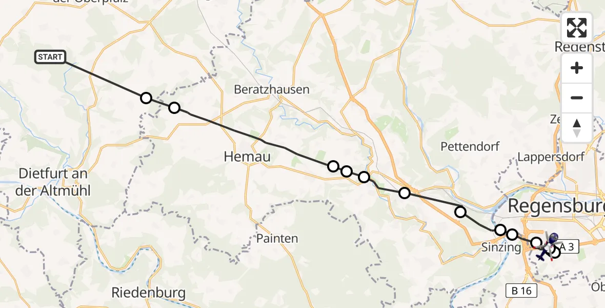 Flugroute Polizeihubschrauber Seubersdorf i.d.OPf. - Regensburg, 17 Juni 2026, 22:52
