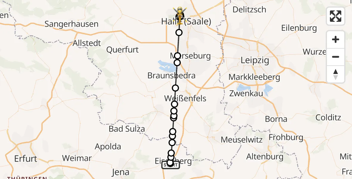 Flugroute Ambulanzhubschrauber Eisenberg Forest Rudolf Elle Hospital - Halle (Saale) University Hospital, 17 Juni 2026, 23:05