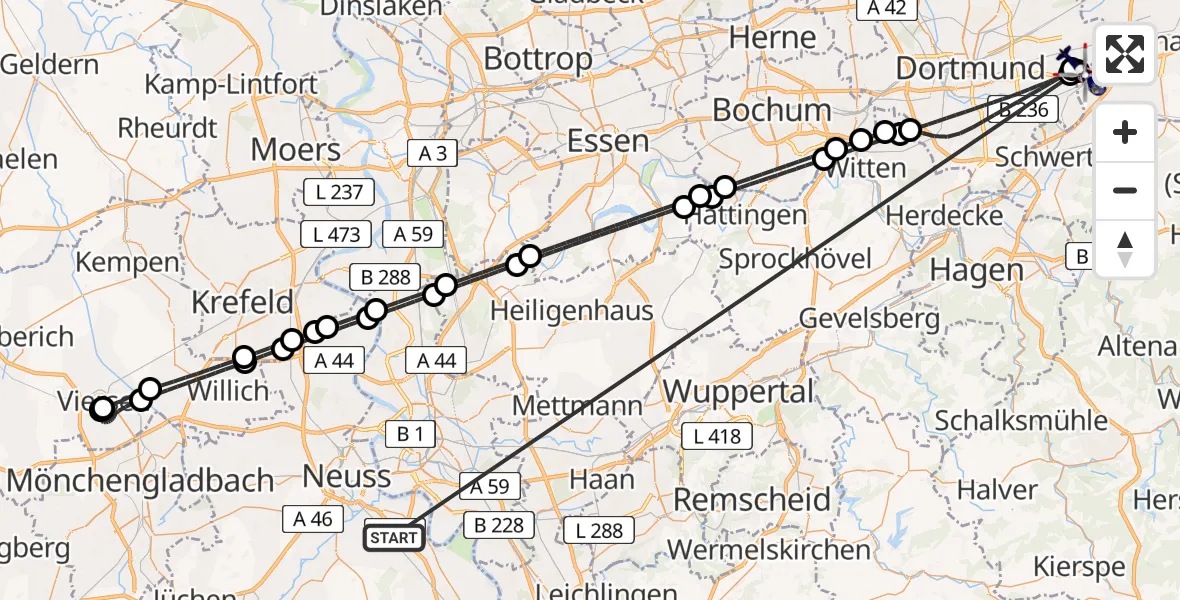 Flugroute Polizeihubschrauber Neuss - Dortmund Flughafen, 17 Juni 2026, 23:13