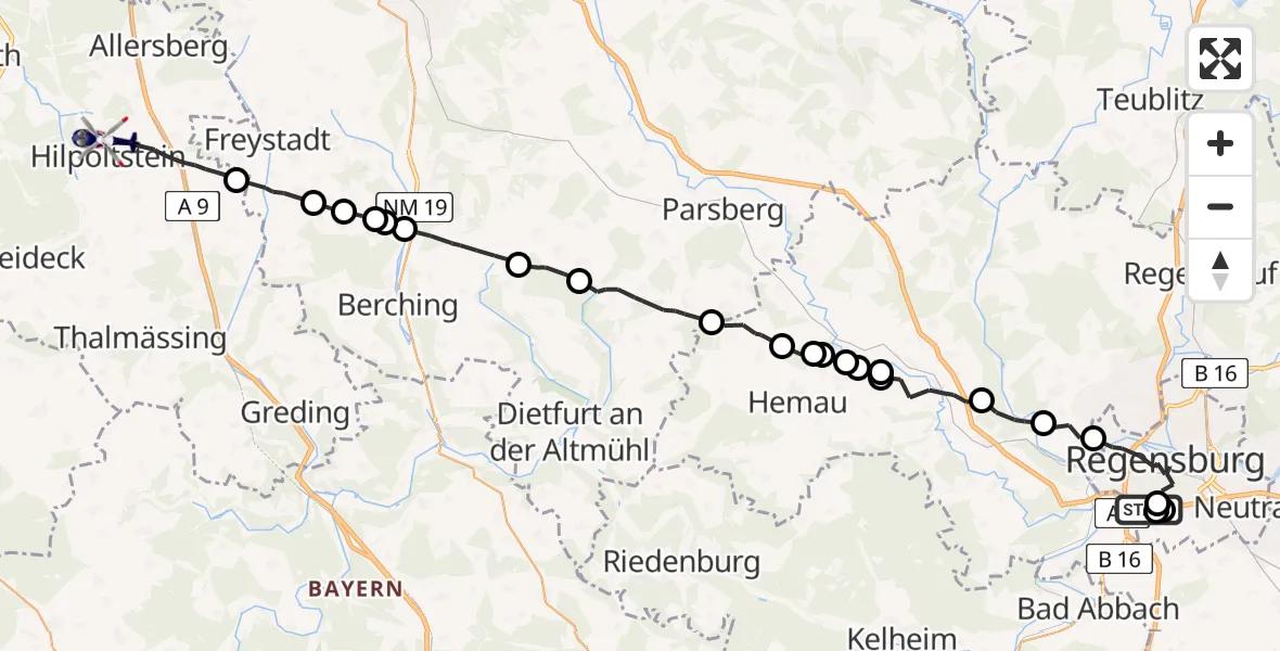 Flugroute Polizeihubschrauber Regensburg - Hilpoltstein, 17 Juni 2026, 23:32