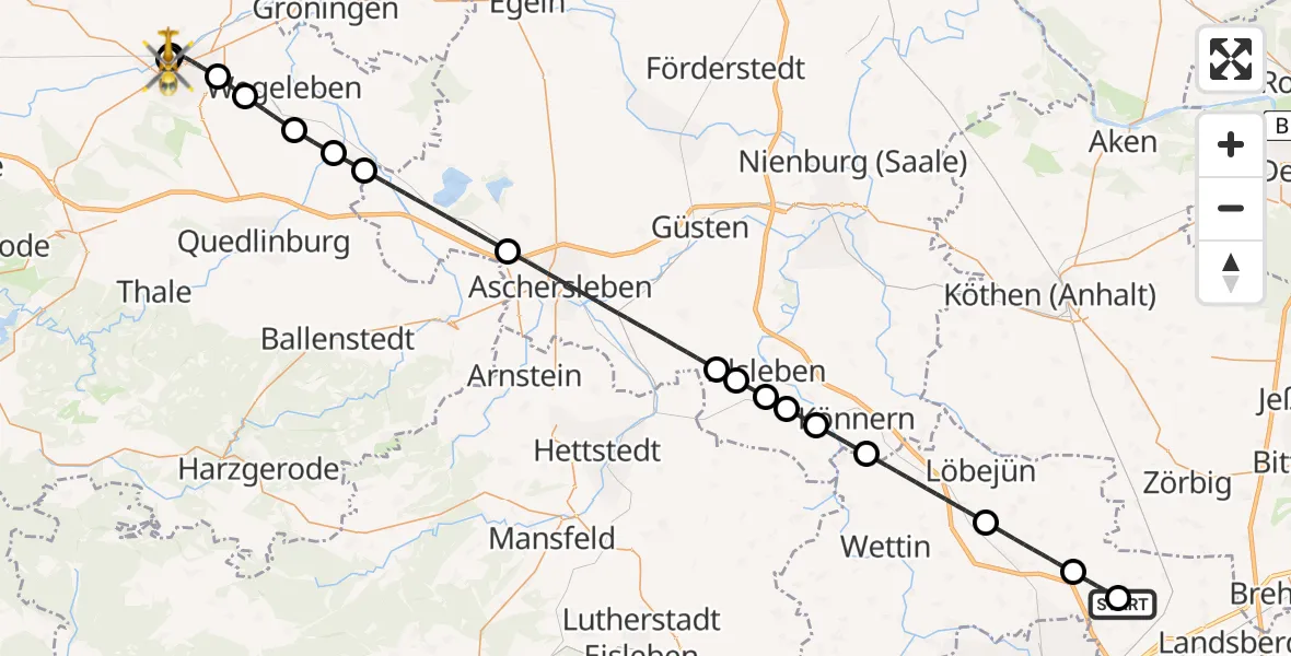 Flugroute Rettungshubschrauber Halle-Oppin Flugplatz - AMEOS Hospital Sankt Salvator Halberstadt, 18 Juni 2026, 00:05